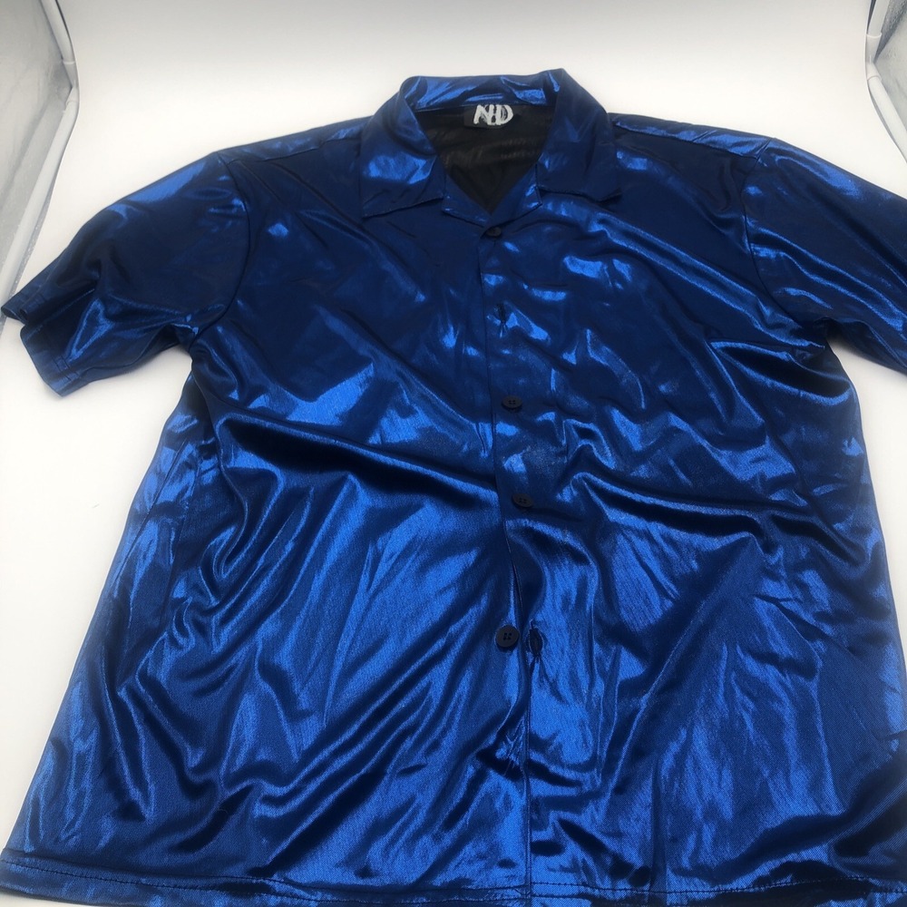 Mens Nine Deep Button Up Shirt Short Sleeve Christmas Blue Sparkle Festive